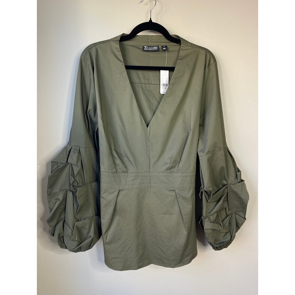 7th Avenue Design Studio Blouse Olive Green V-Neck Puff Sleeve Tie Back XL